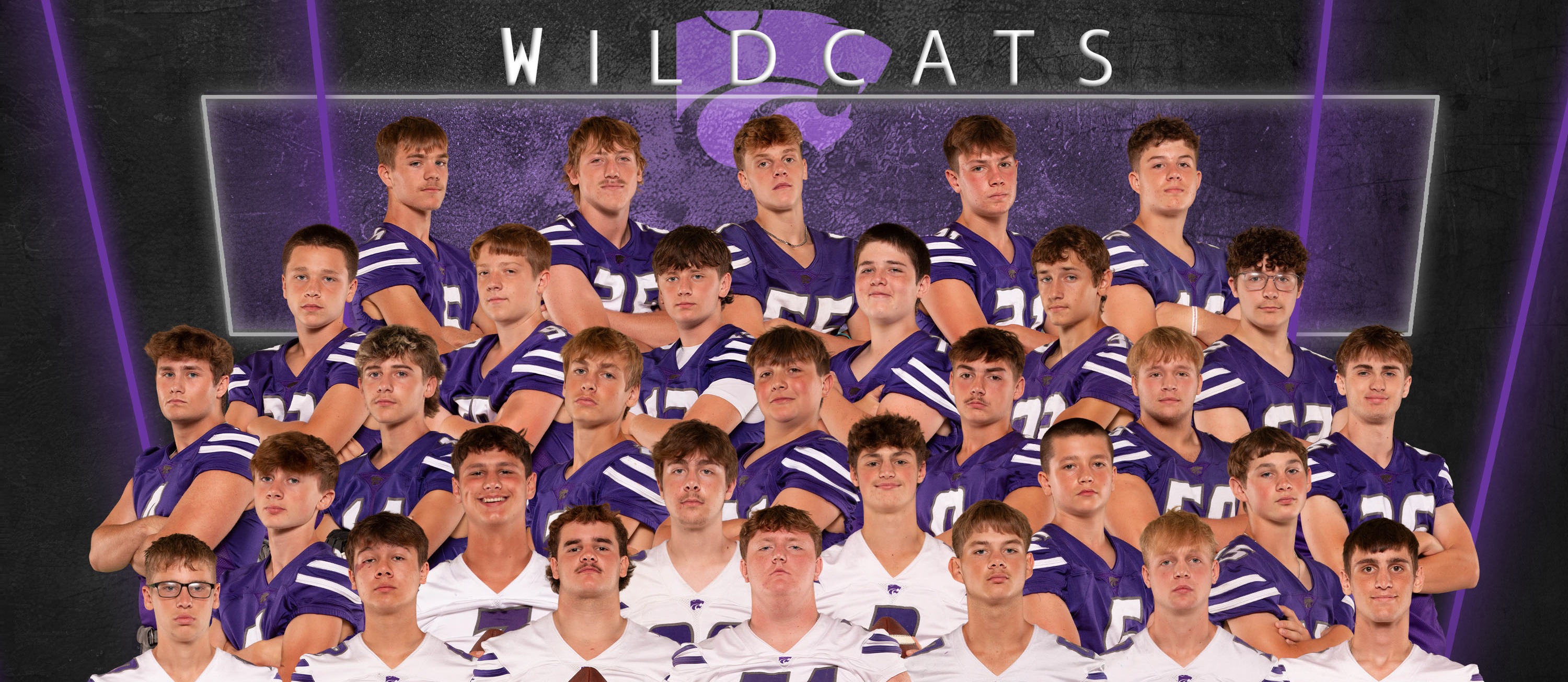Hartington-Newcastle Wildcats high school football team posing in purple and white jerseys, with front-row players holding footballs. Purple and black backdrop reads “Wildcats” and “Football.”