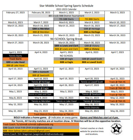 STMS Athletics Calendar Star Middle School