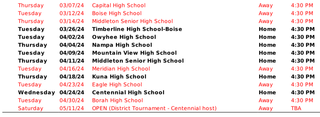 2024 JV Schedule