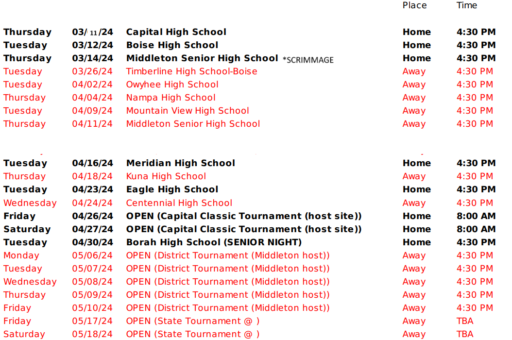 2024 Season Schedule *VARSITY