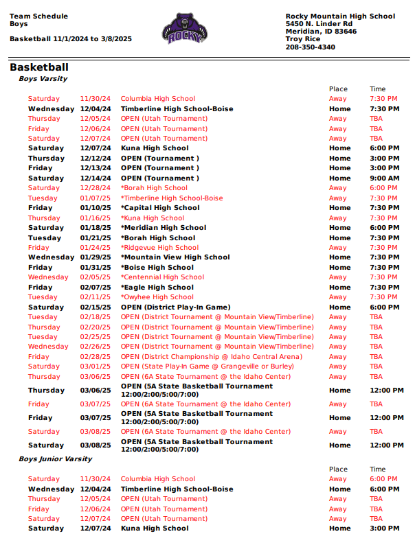 BB Schedule