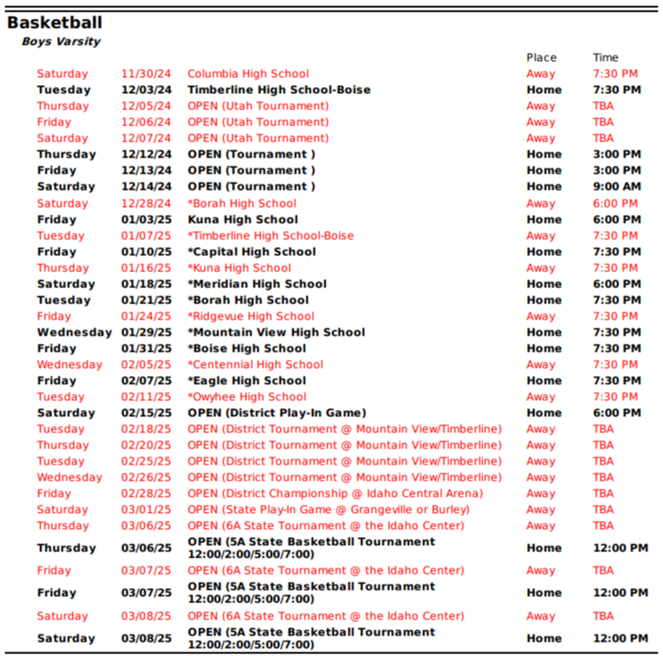 BB Schedule