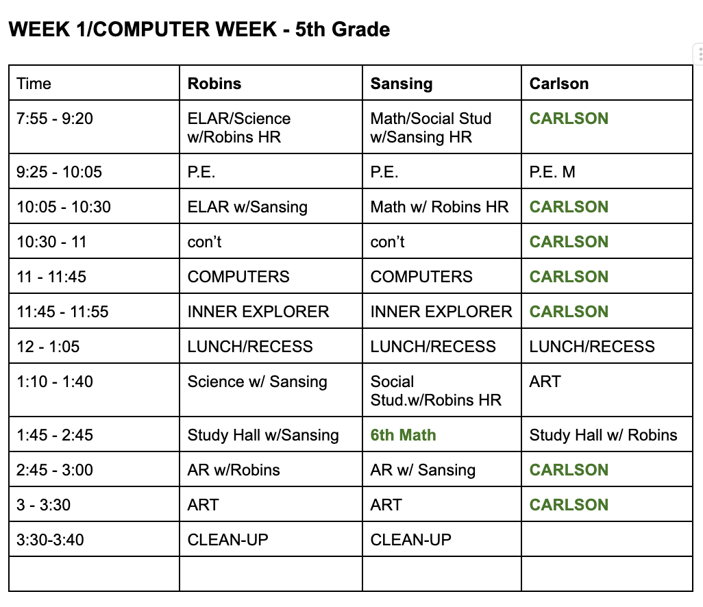 5th Grade "Week 1" Schedule