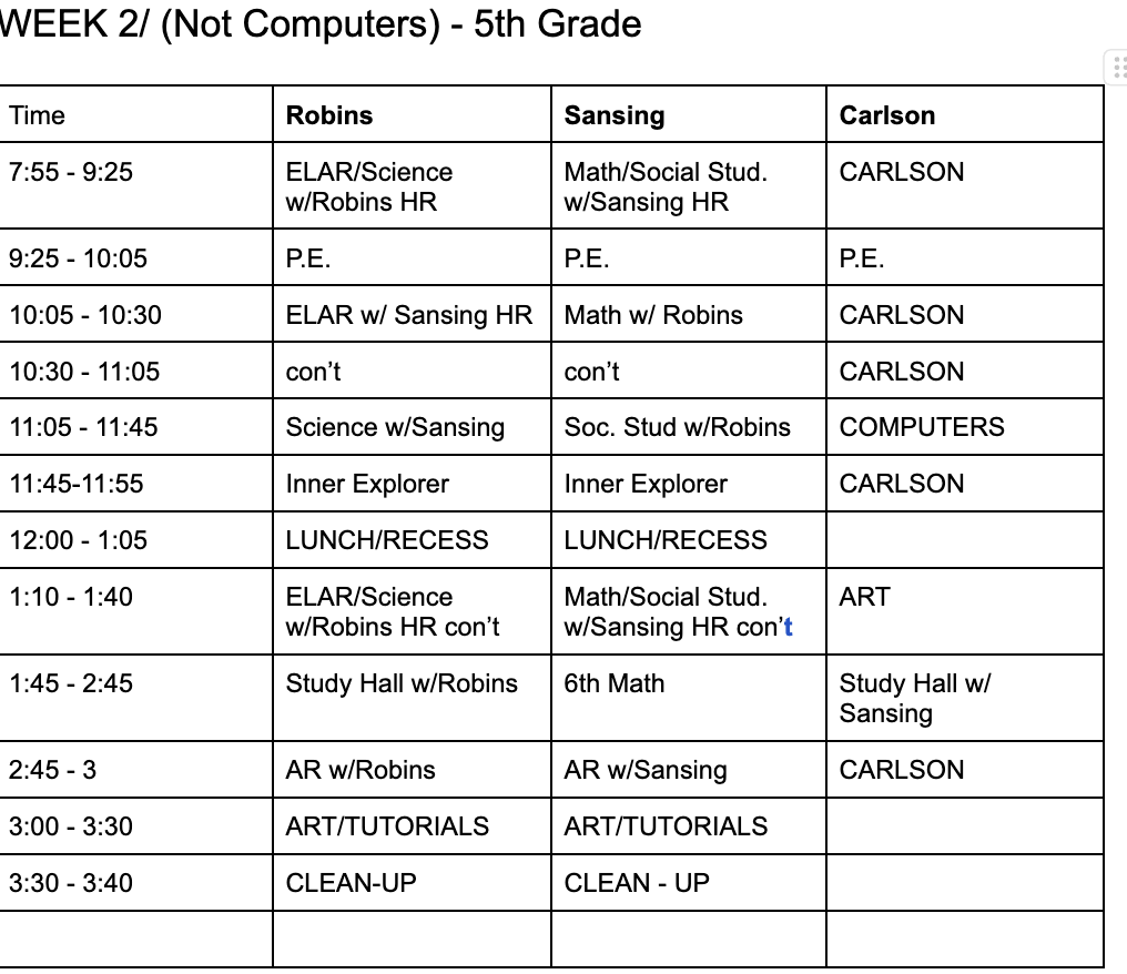 5th Grade "Week 2" Schedule