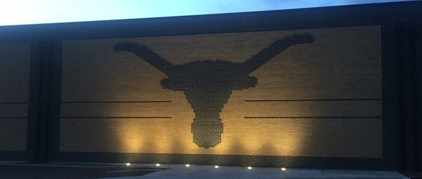 School logo of longhorn on wall