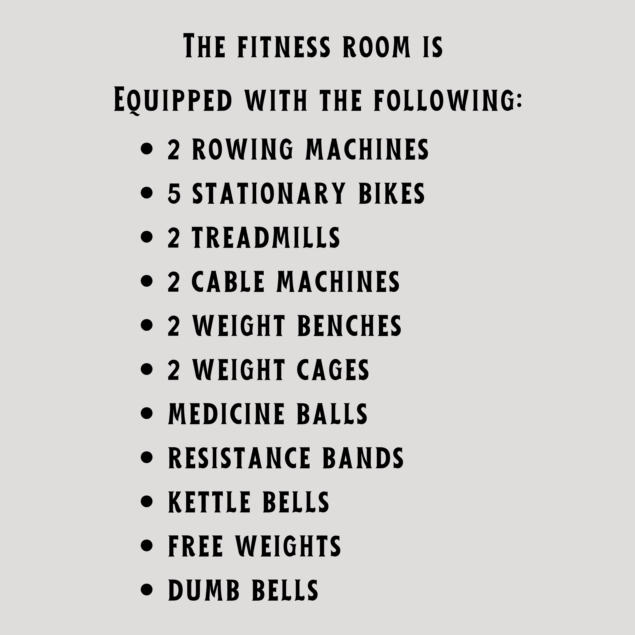 grey background text listing fitness room equipment