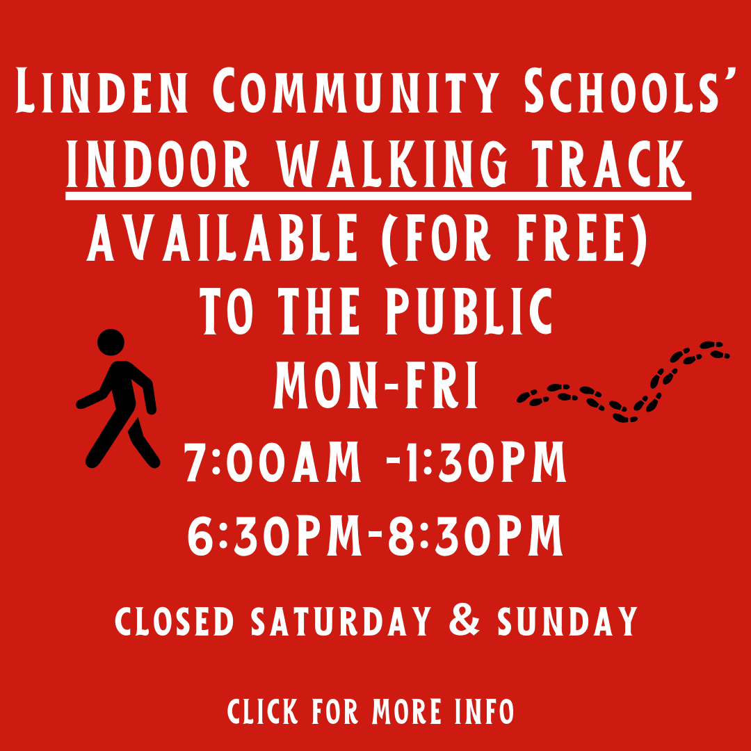 Clickable link that says Indoor walking track  free public use, Monday-Friday 7AM-1:30PM 6:30PM-8:30PM Click for more information