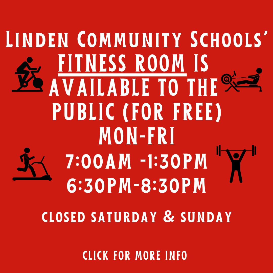 Clickable link that says Fitness room, free public use, Monday-Friday 7AM-1:30PM 6:30PM-8:30PM Click for more information