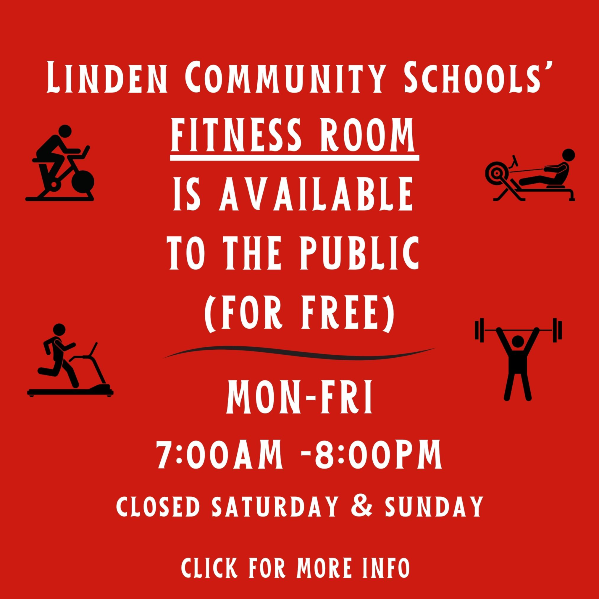 Clickable link that says Indoor walking track  free public use, Monday-Friday 7AM-1:30PM 6:30PM-8:30PM Click for more information