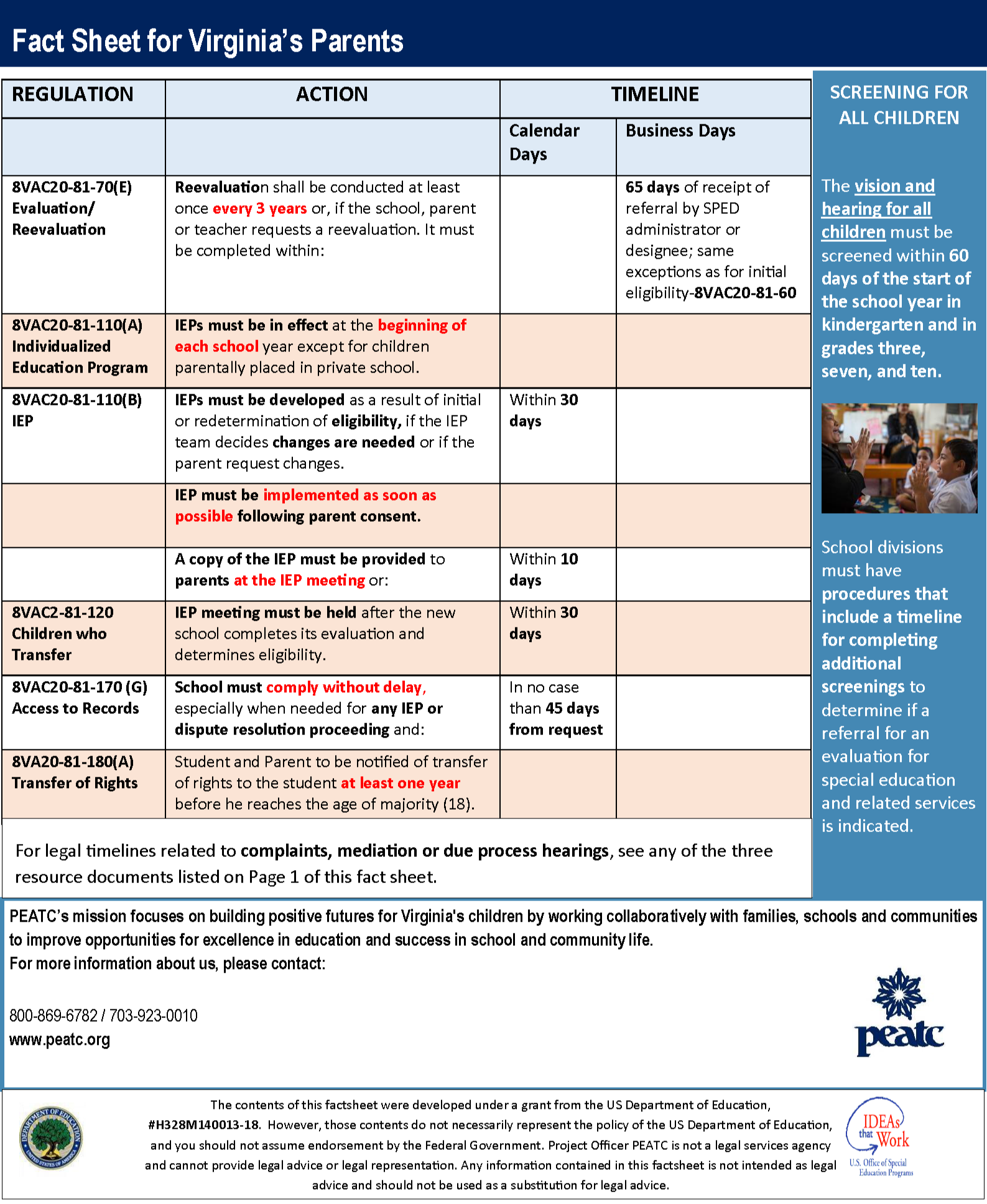 PEATC Key Timelines in Special Education