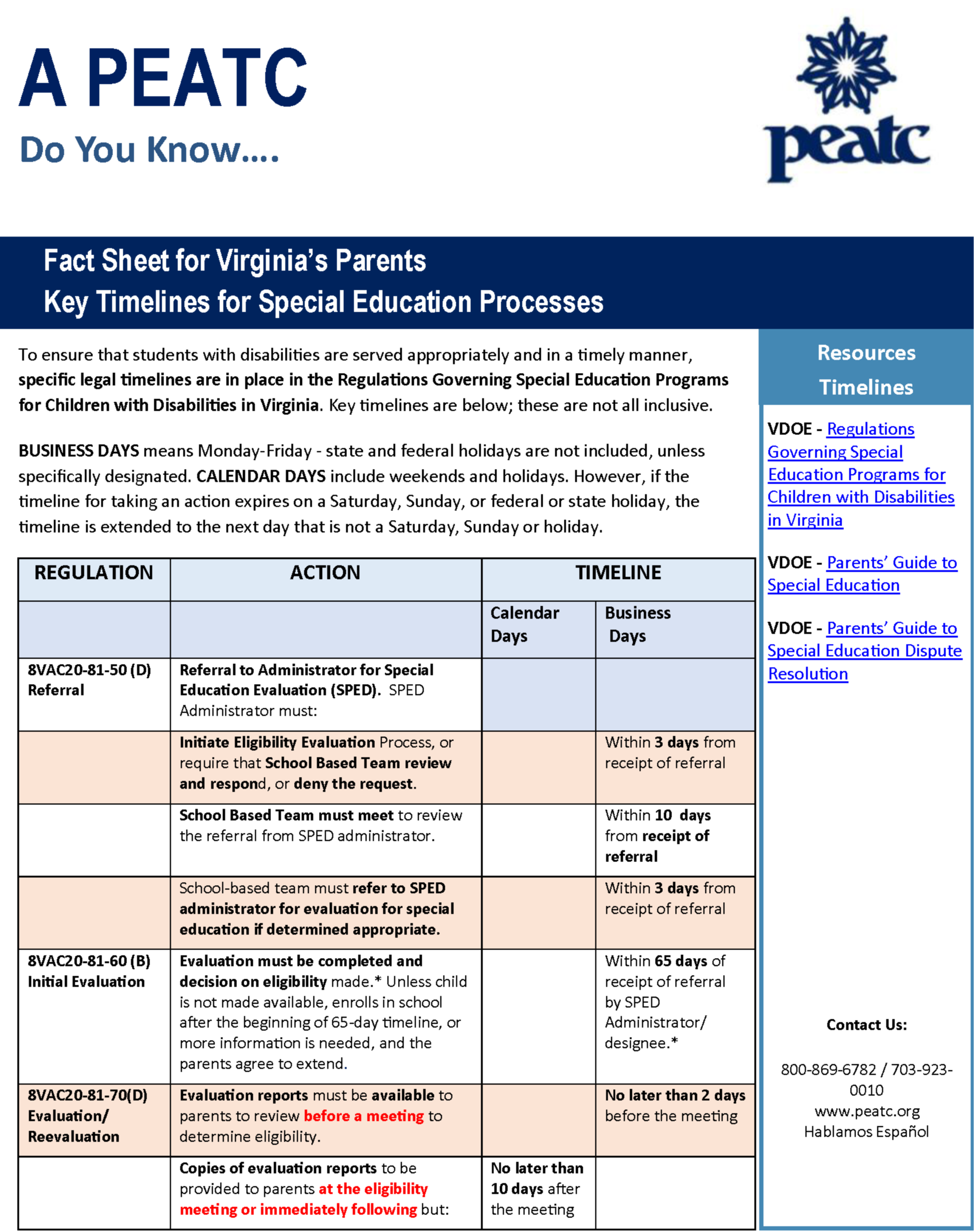 PEATC Key Timelines in Special Education