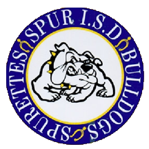 Emblem of the school, a gray bulldog and a blue circle around it with the name of the school district.