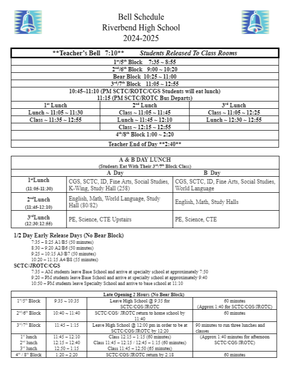 RHS Bell Schedule 20242025 Riverbend High School