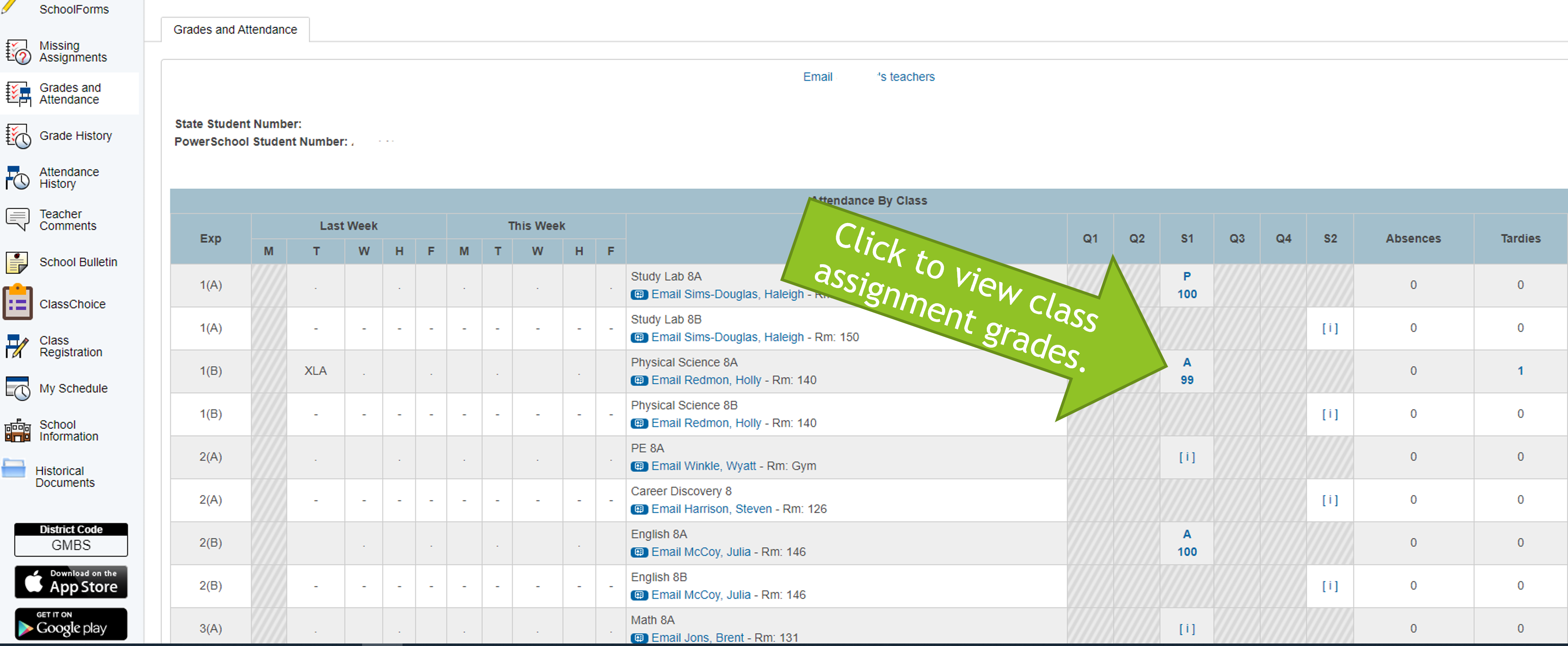 Click on the student’s grade to view assignments (be sure to check all grades – there may be missing work even if the student has a high grade). 