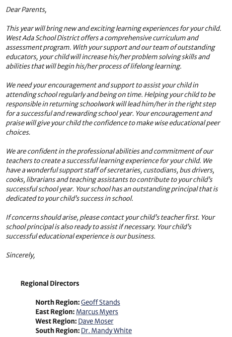 Elementary Student Handbook Letter
