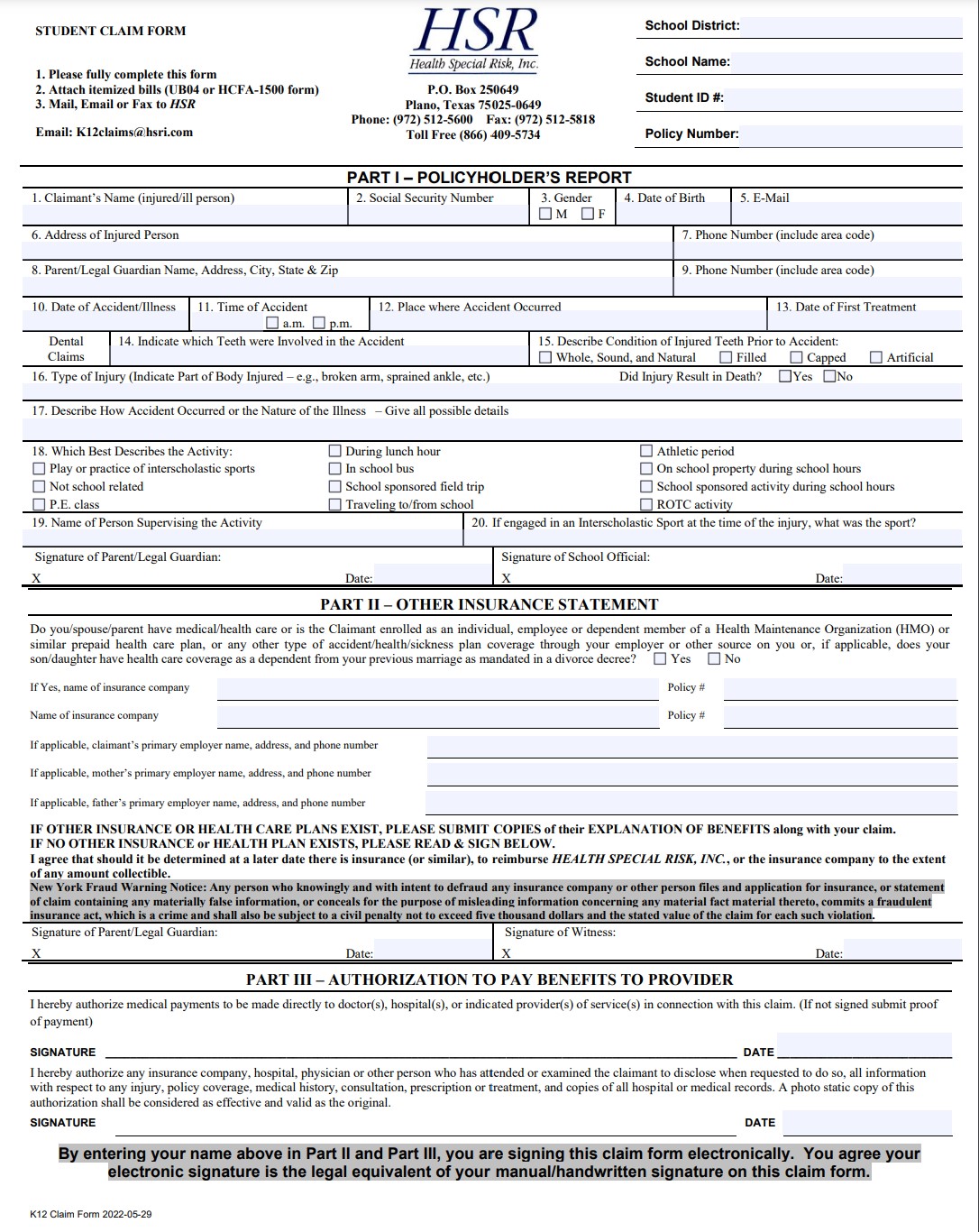 student insurance claim form