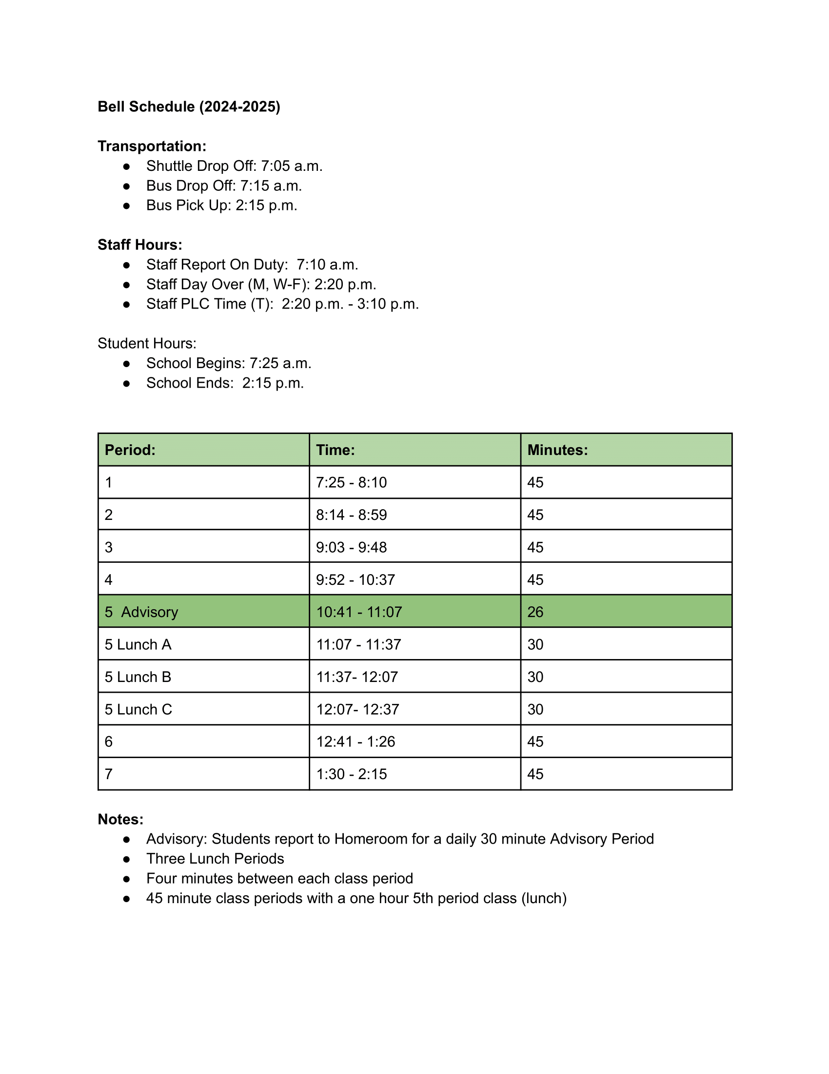 2024-2025 Bell Schedule