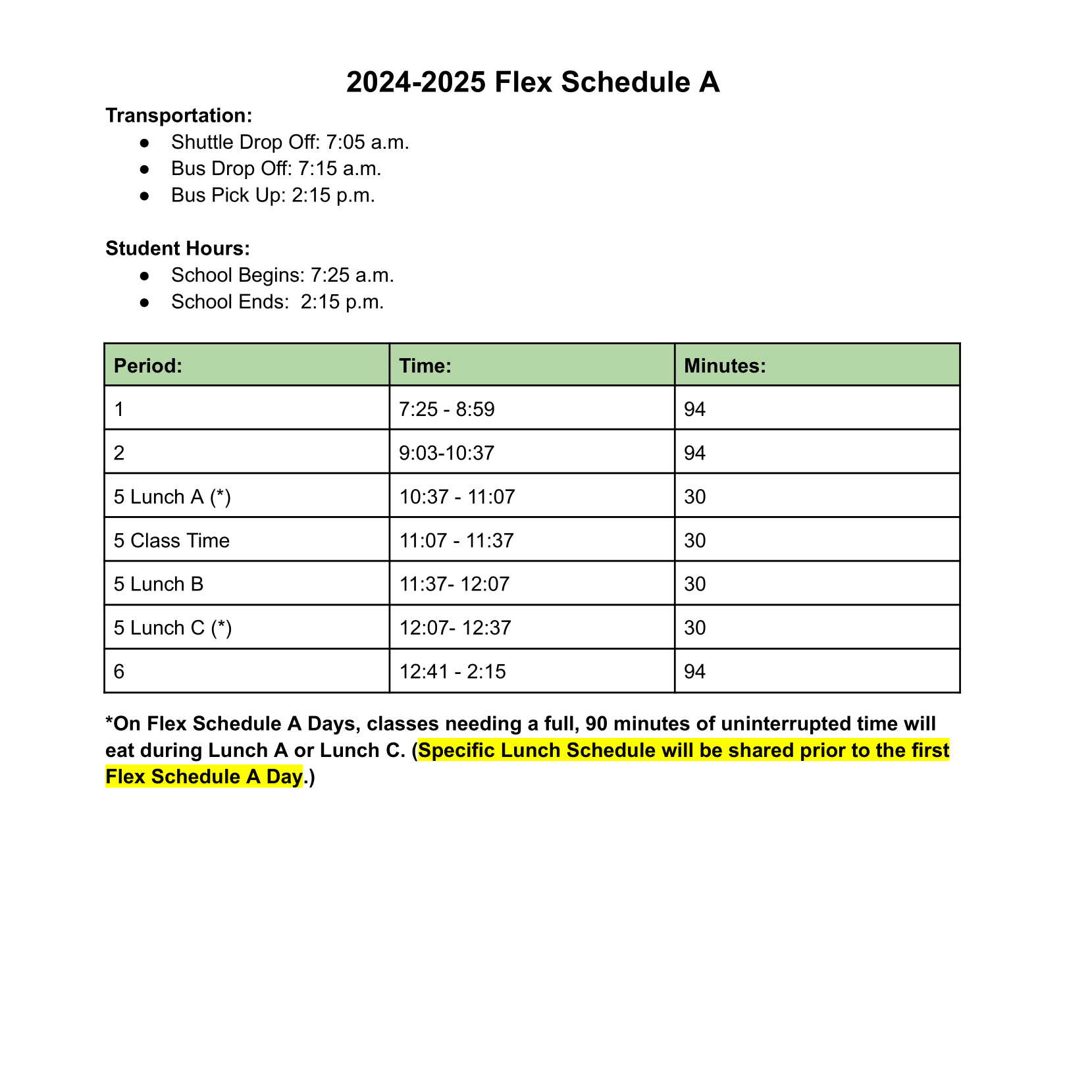 BHS Flex Schedule A