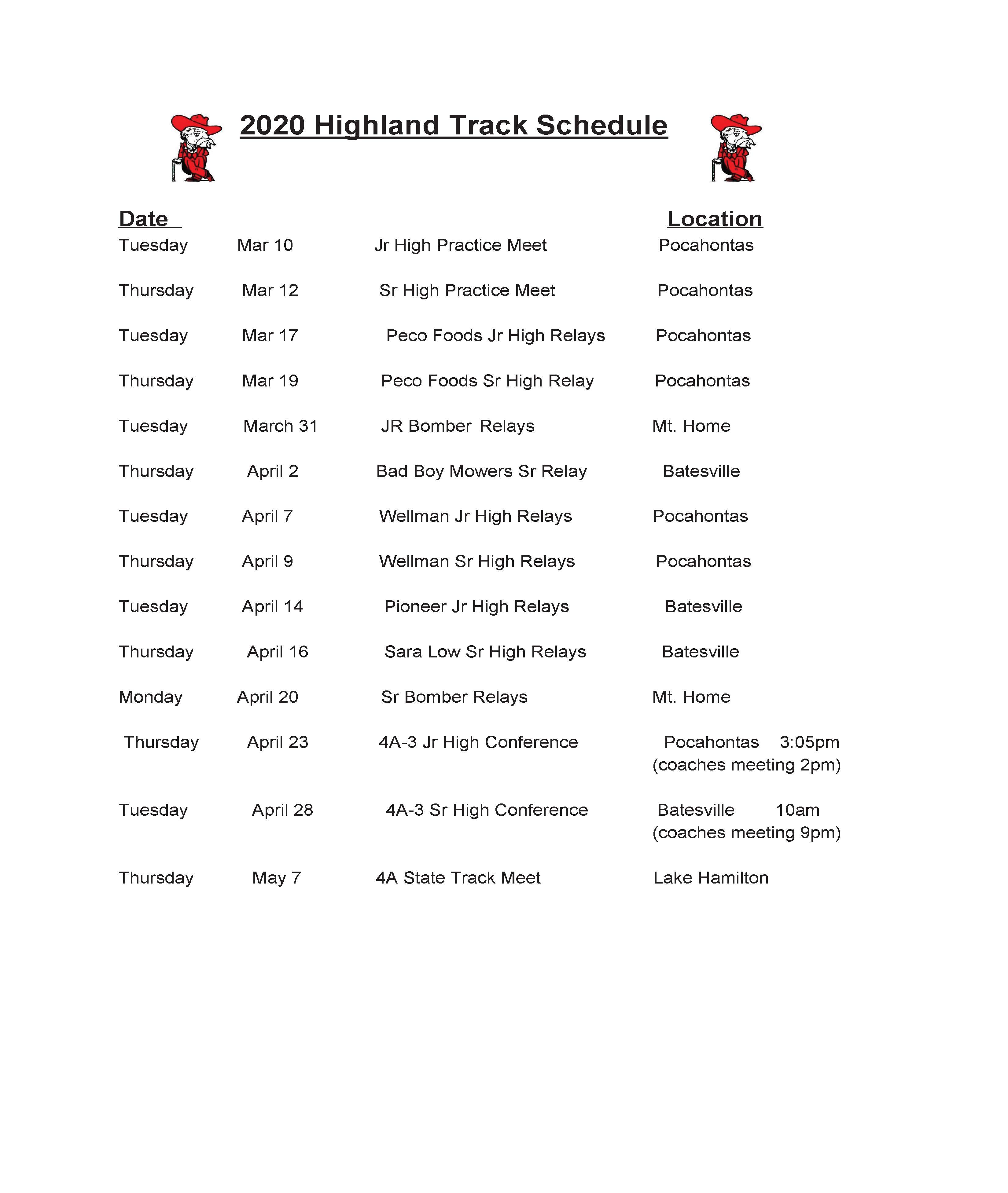 2020 Highland Track Schedule