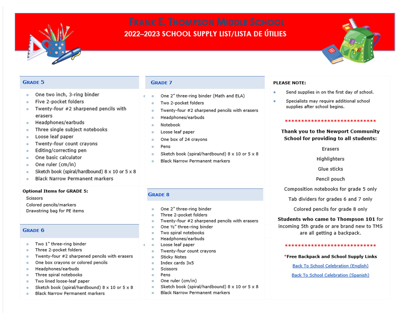 School Supply list for parents 22-23 SY