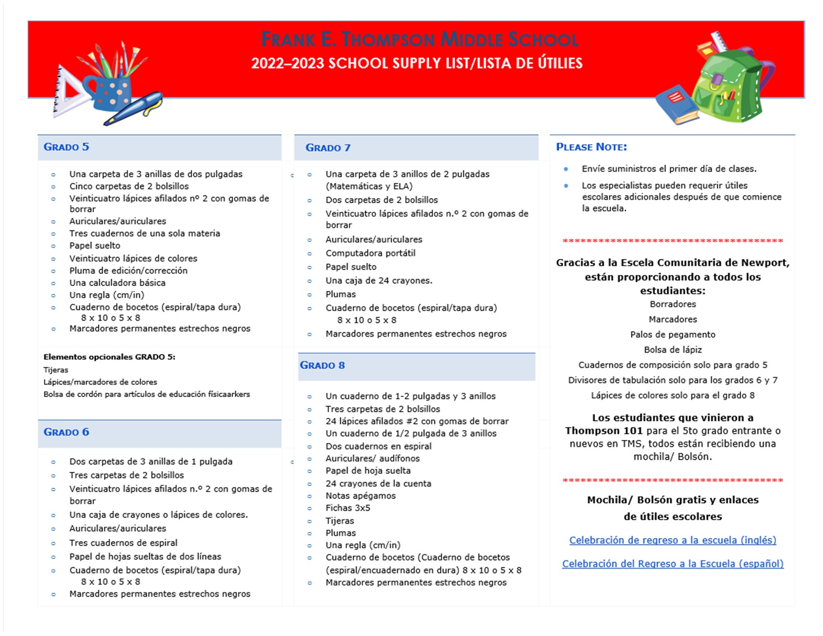 Lista de útiles escolares para padres 22-23 SY - Español