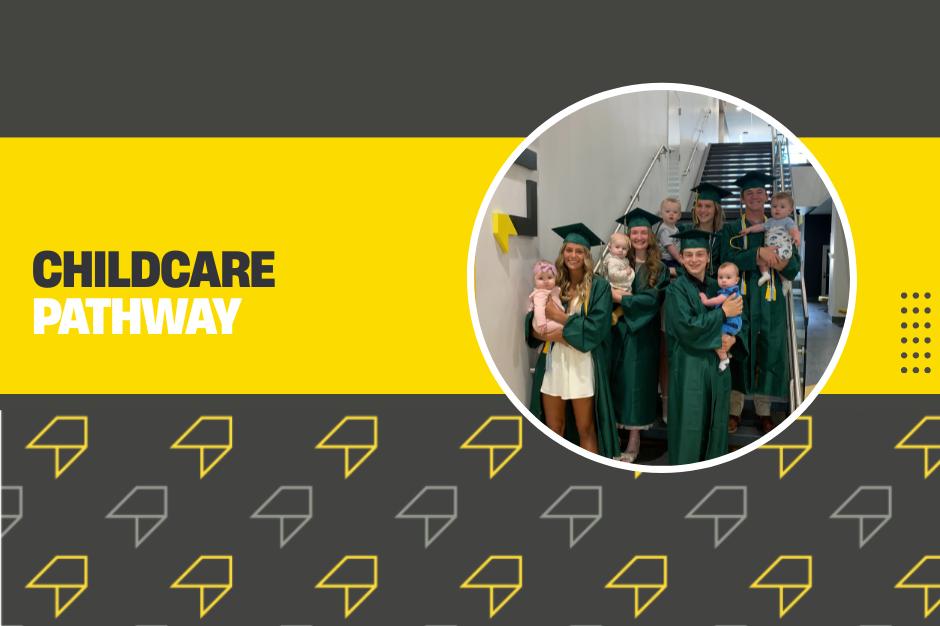 Childcare Pathway - LIFT branded graphic featuring picture of Childcare students.