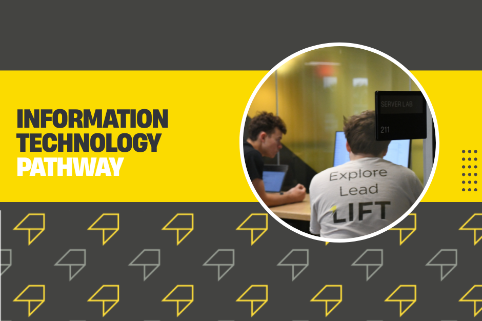 Information Technology Pathway - LIFT branded graphic featuring picture of IT students.