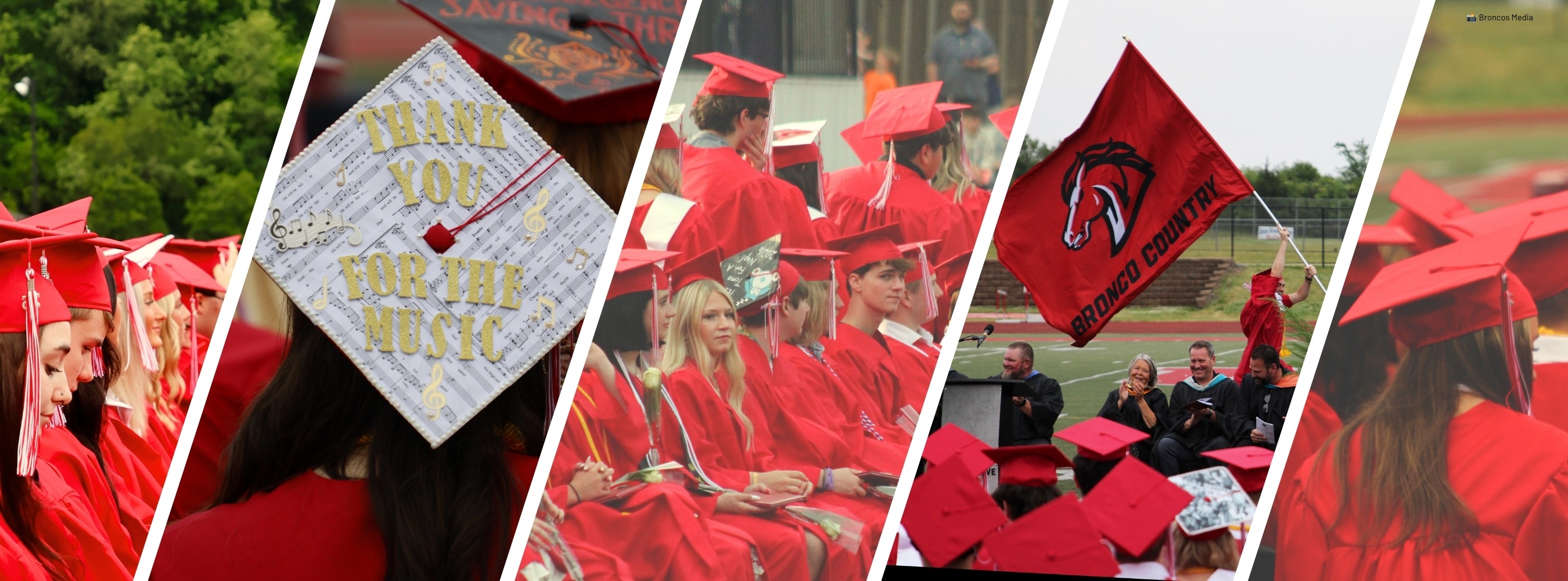 Collage showing a graduation cap with "Thank You for the Music", students in red gowns, and a red flag.