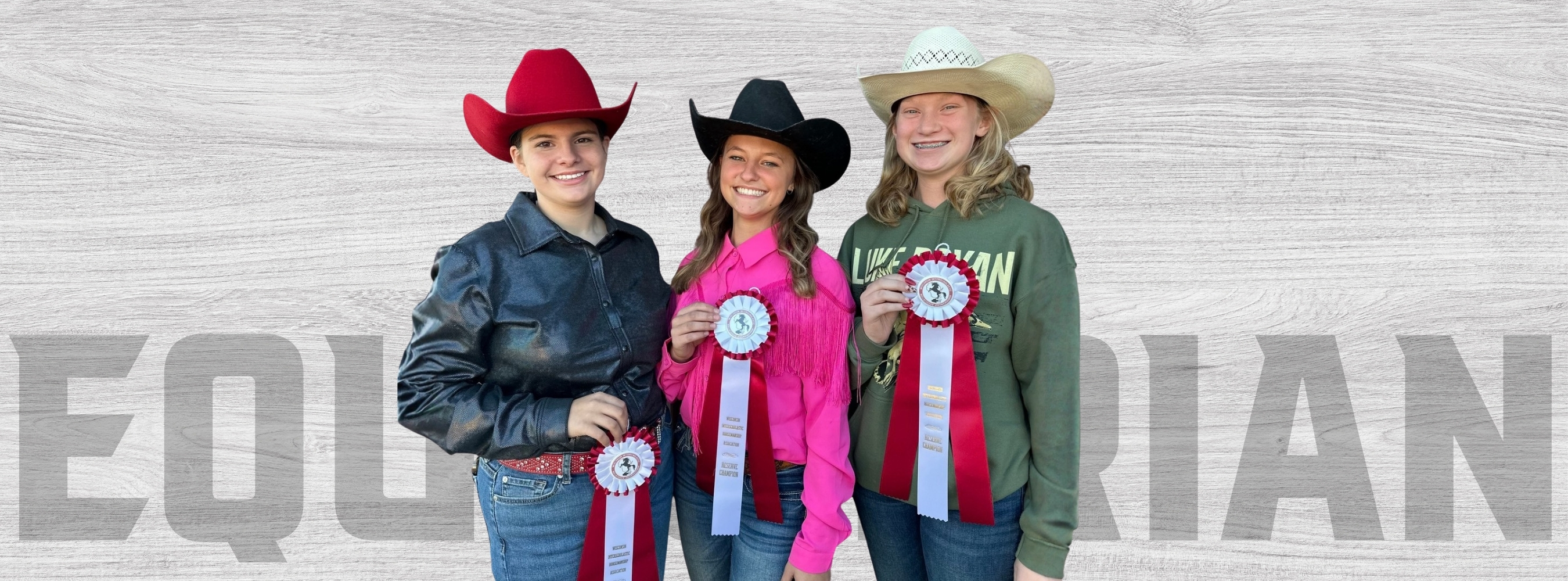 Three women in cowboy hats pose, holding ribbons. A background displays the word "EQUIAN."