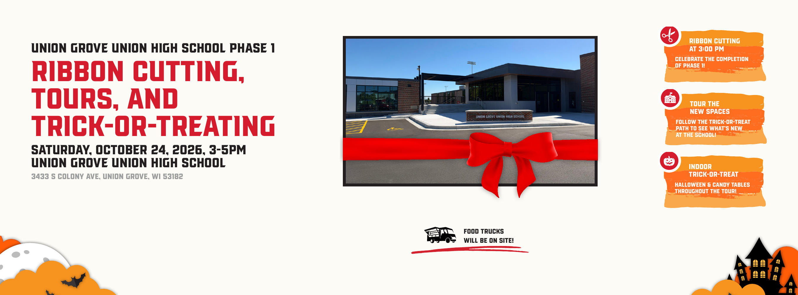 School building with ribbon, red bow, and text: "RIBBON CUTTING, TOURS, AND TRICK-OR-TREATING."