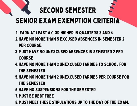 BDCHS Semester 2 Senior Exam Exemption Criteria