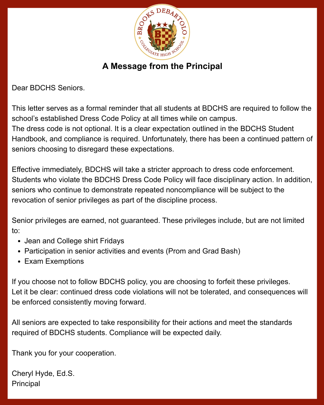 Senior Dress Code Letter from Principal Hyde