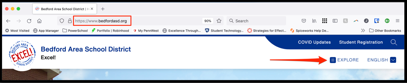 Bedford Website image showing you to click on Explore