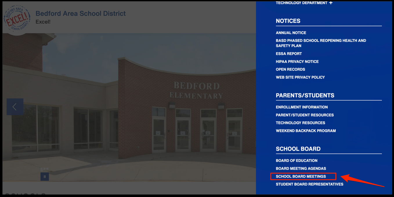 Image of website where you click on school board meetings