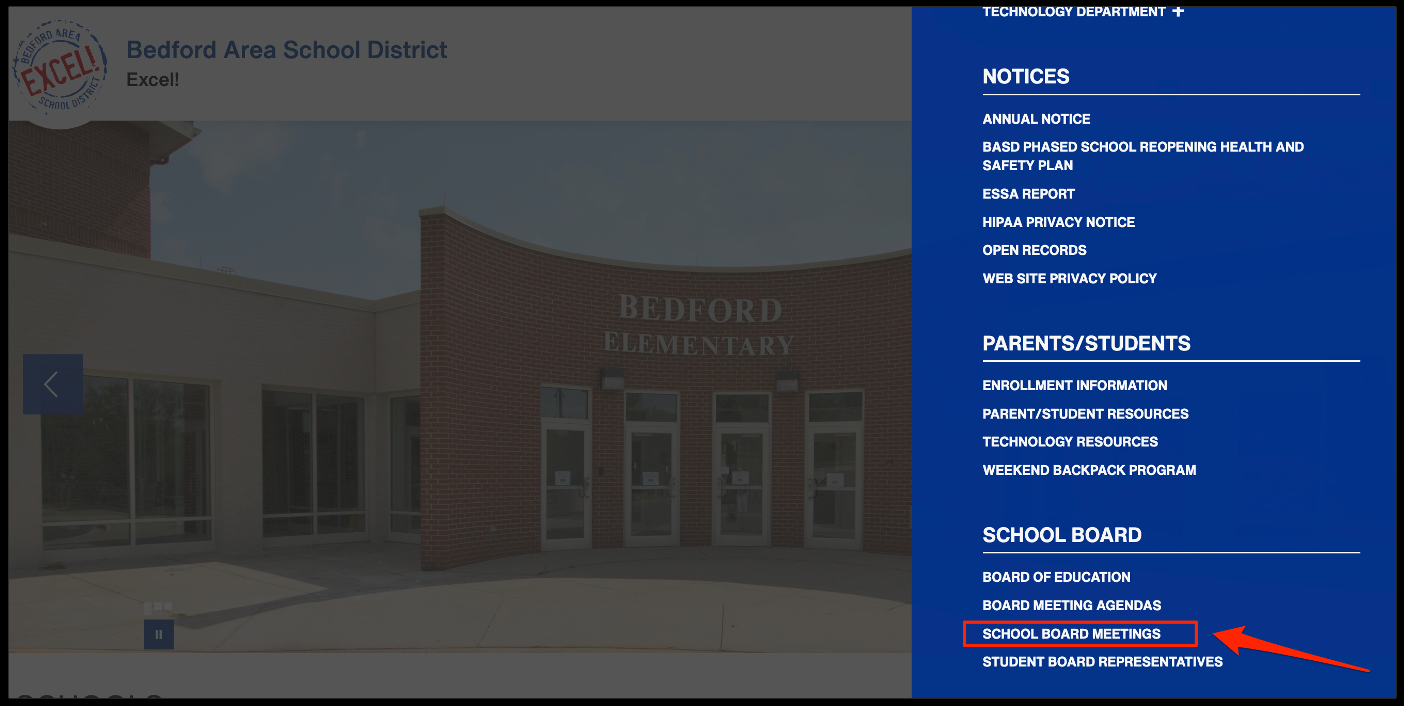 webite showing school board meetings link