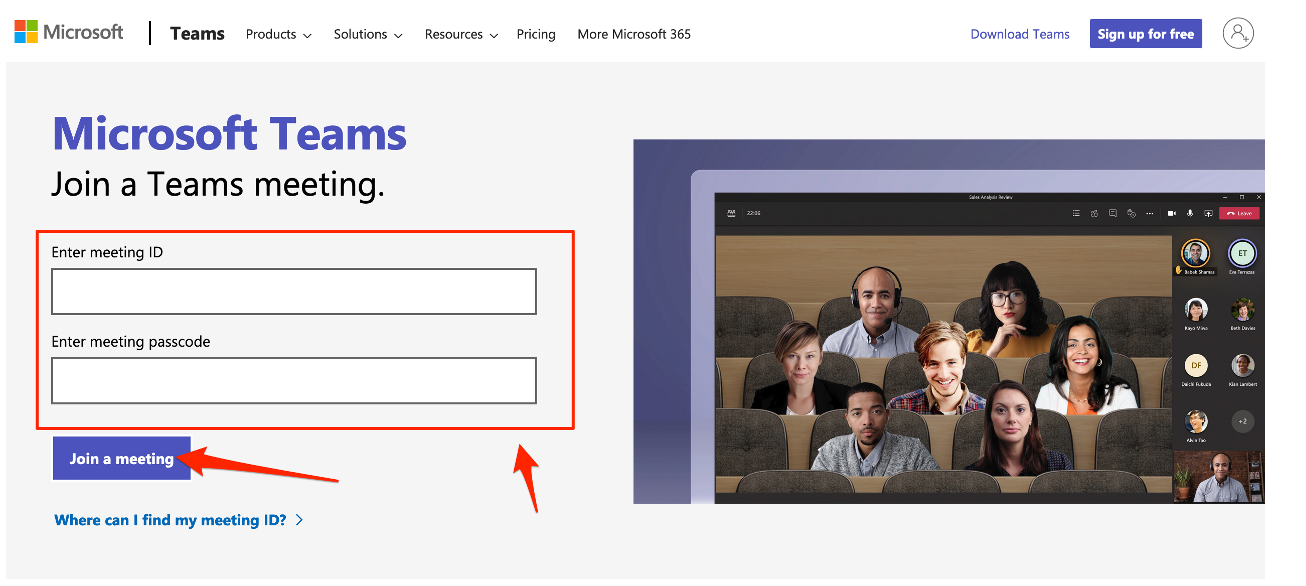 website image showing where to click on join a meeting