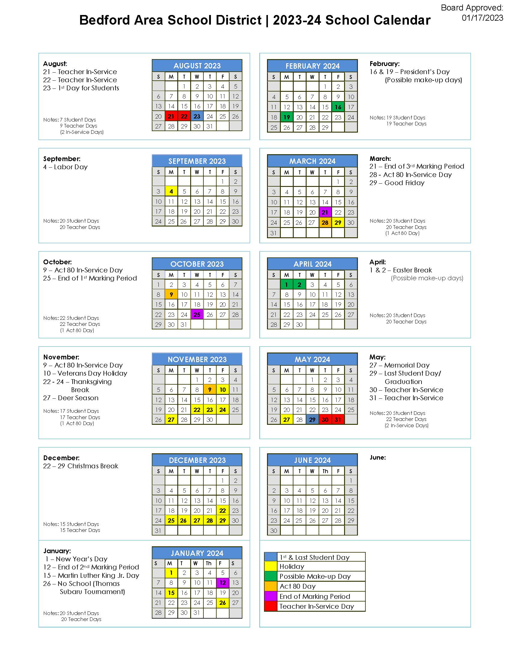 SCHOOL DISTRICT CALENDAR Bedford Area School District