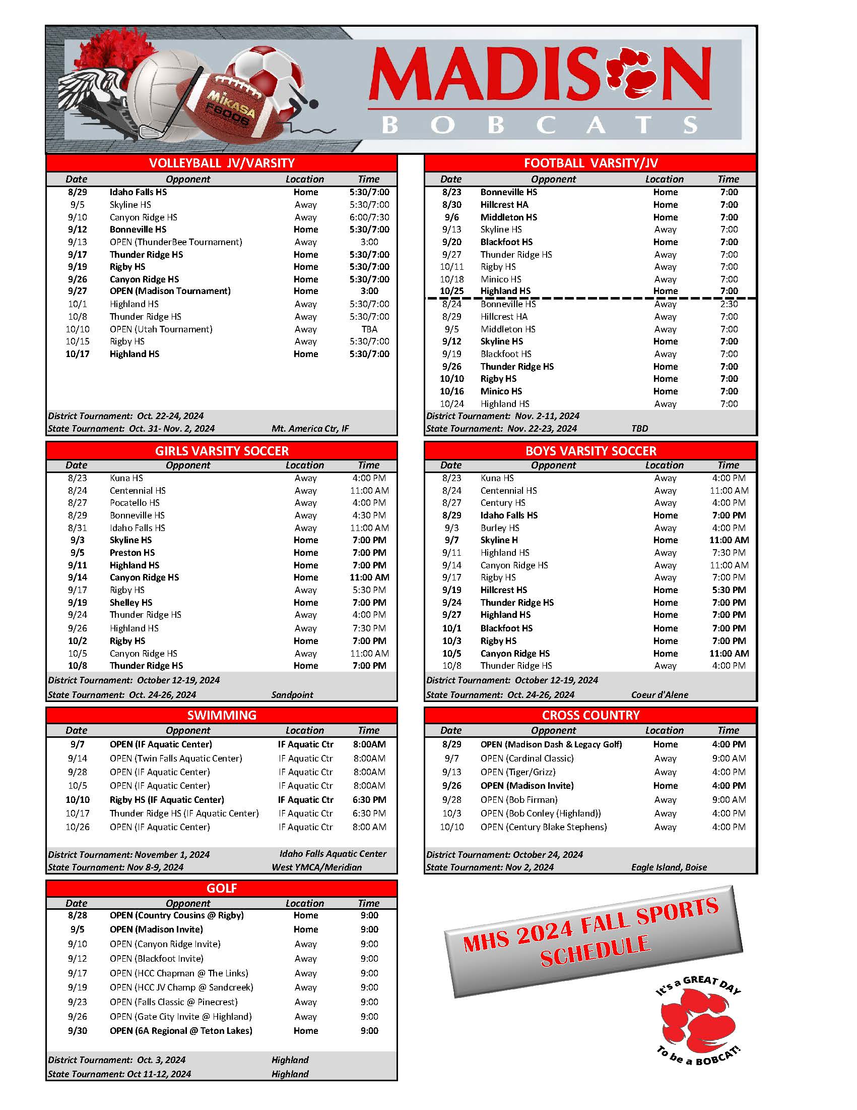 MHS 2024 Fall Sports Schedule