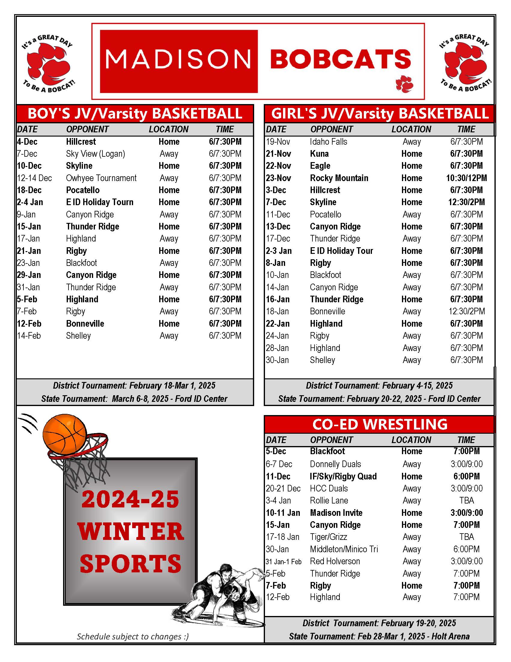 Winter Sports Schedule