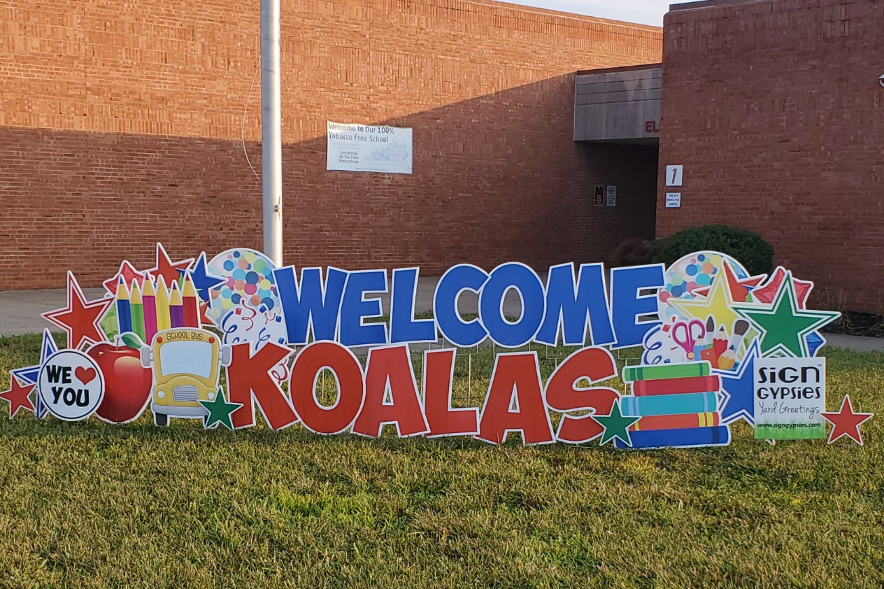 Welcome sign with Koala and bright text and images.