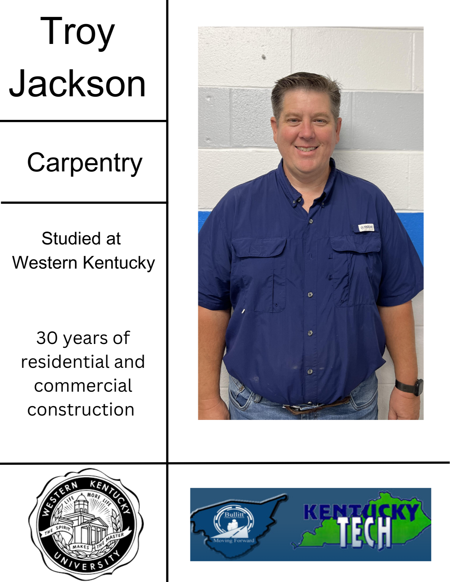 Carpentry  Instructor Troy Jackson studied at Western Kentucky University 30 years experiance