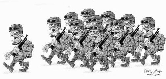 Cartoon of military persons marching.