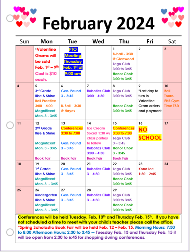 Monthly and Weekly Calendars Eisenhower Elementary School