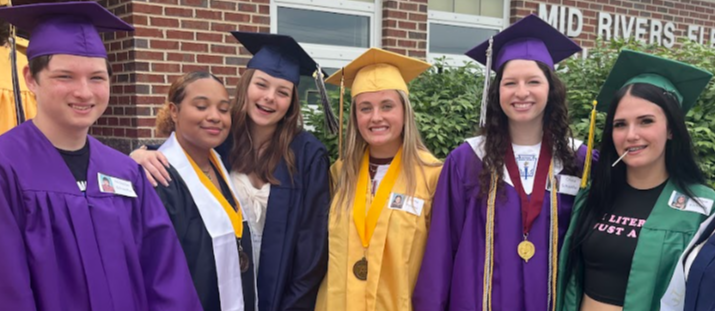 Elementary classmates who are graduating from each of the five high schools, in caps and gowns