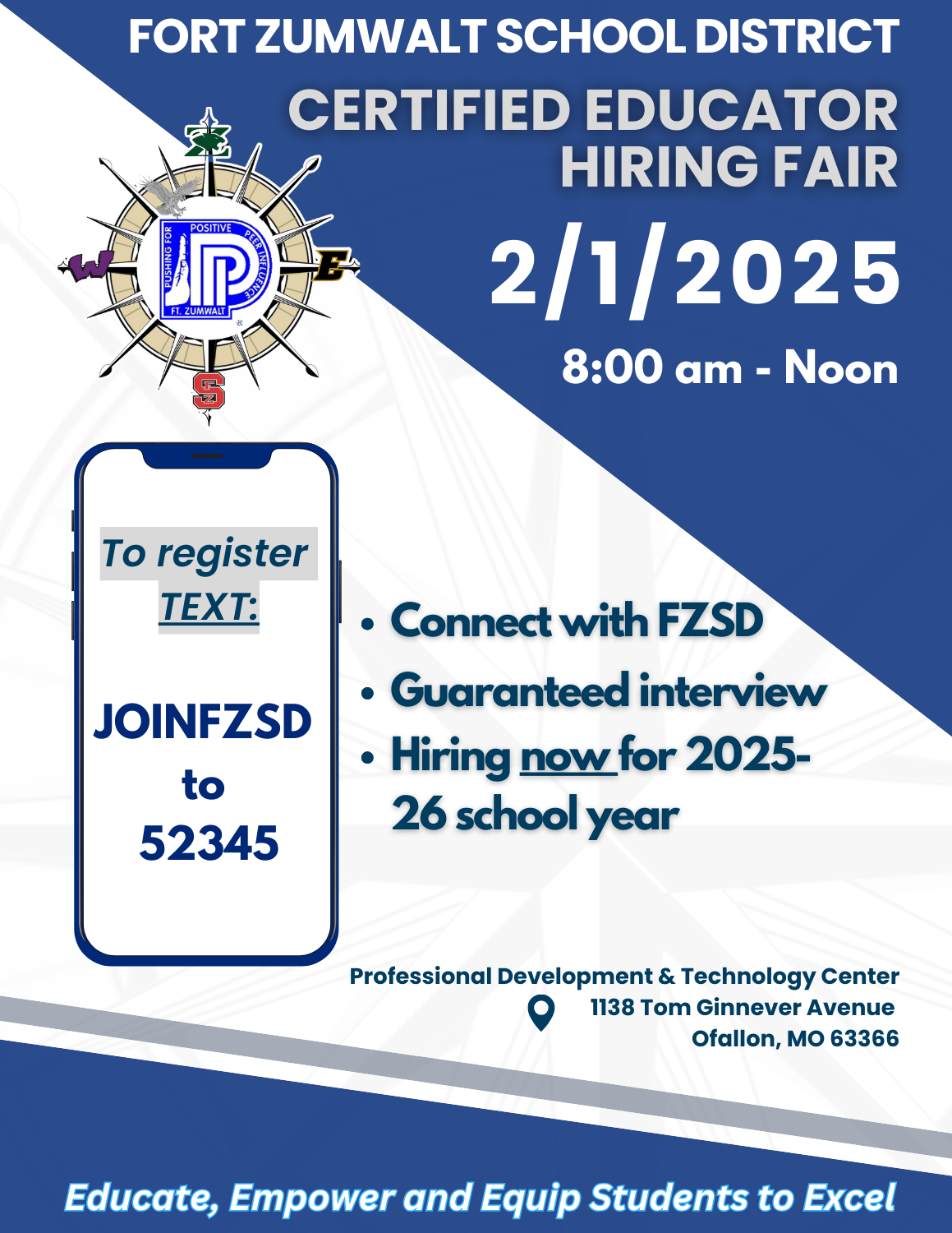 Join us for an in person educator hiring fair. Saturday, February 1st from 8 am to Noon. To register, please text "joinfzsd" to 52345.