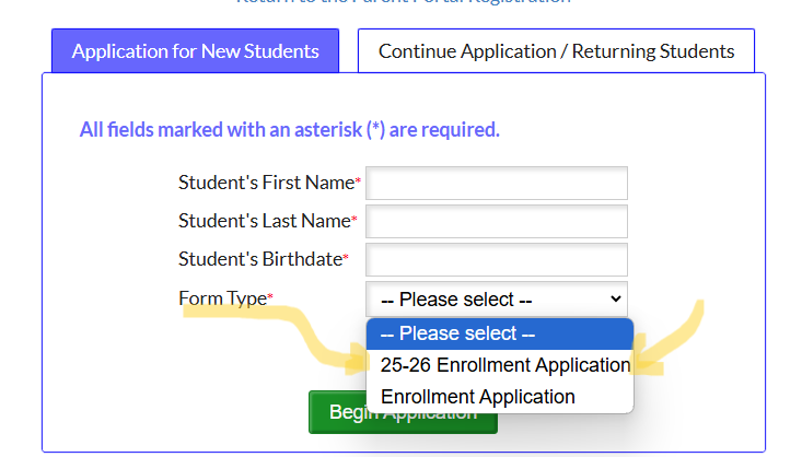 Screenshot shows drop down and points to selection for 2025-2026 