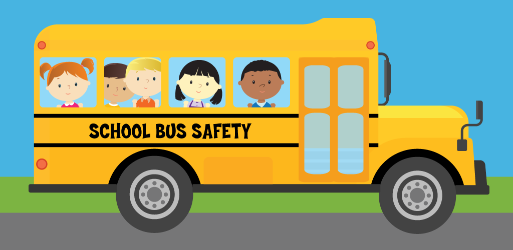 School Bus with children. Side says School Bus Safety