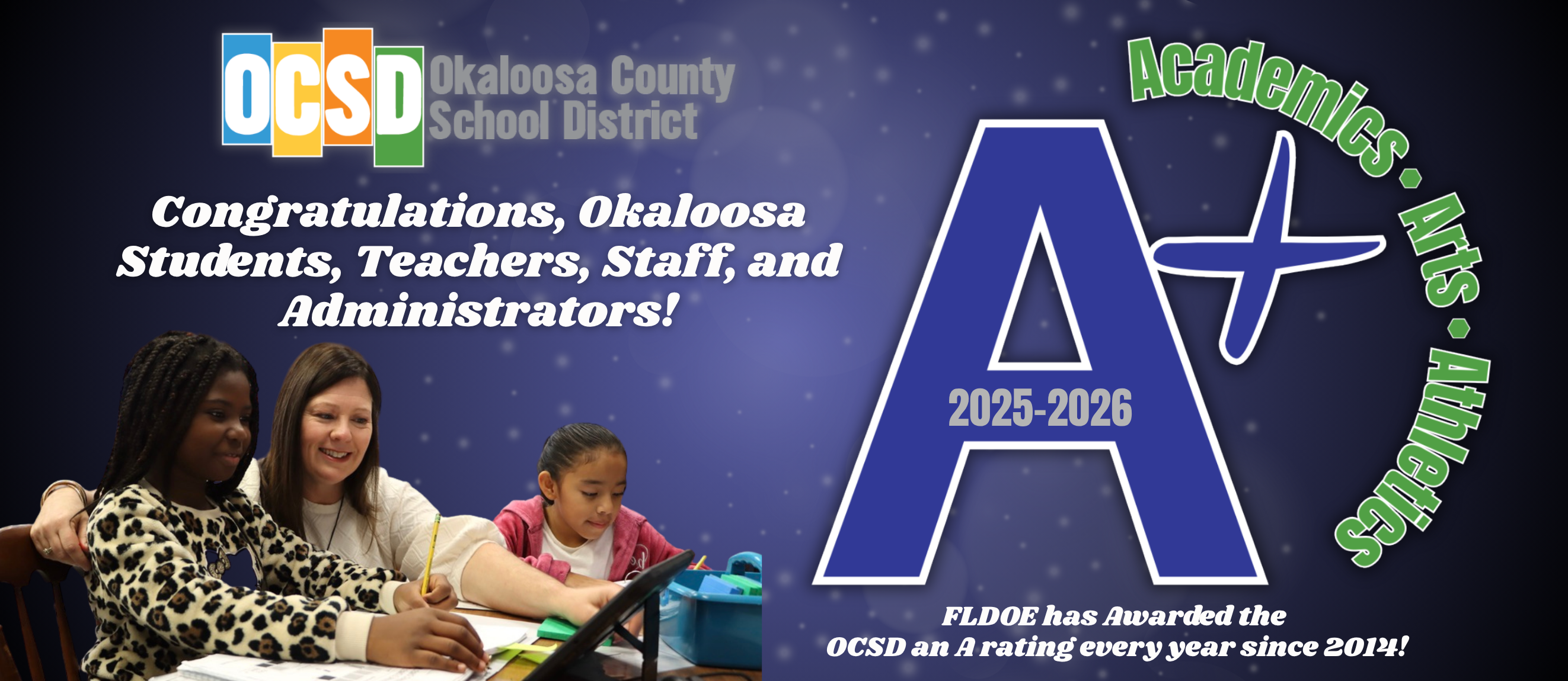 Graphic celebrating Okaloosa County School District earning an “A+” rating for 2025–2026. The design features the OCSD logo, the message “Congratulations, Okaloosa Students, Teachers, Staff, and Administrators!” and a large “A+” with “Academics • Arts • Athletics” surrounding it. At the bottom, text reads, “FLDOE has awarded the OCSD an A rating every year since 2014.” On the left, three students and an educator are shown working together at a table with school materials.