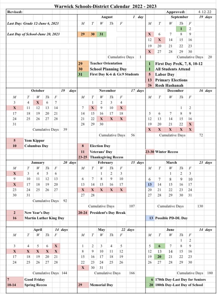 Warwick Public Schools Calendar 2022 and 2023