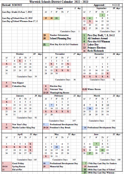 Calendar & Schedules | Warwick Public Schools
